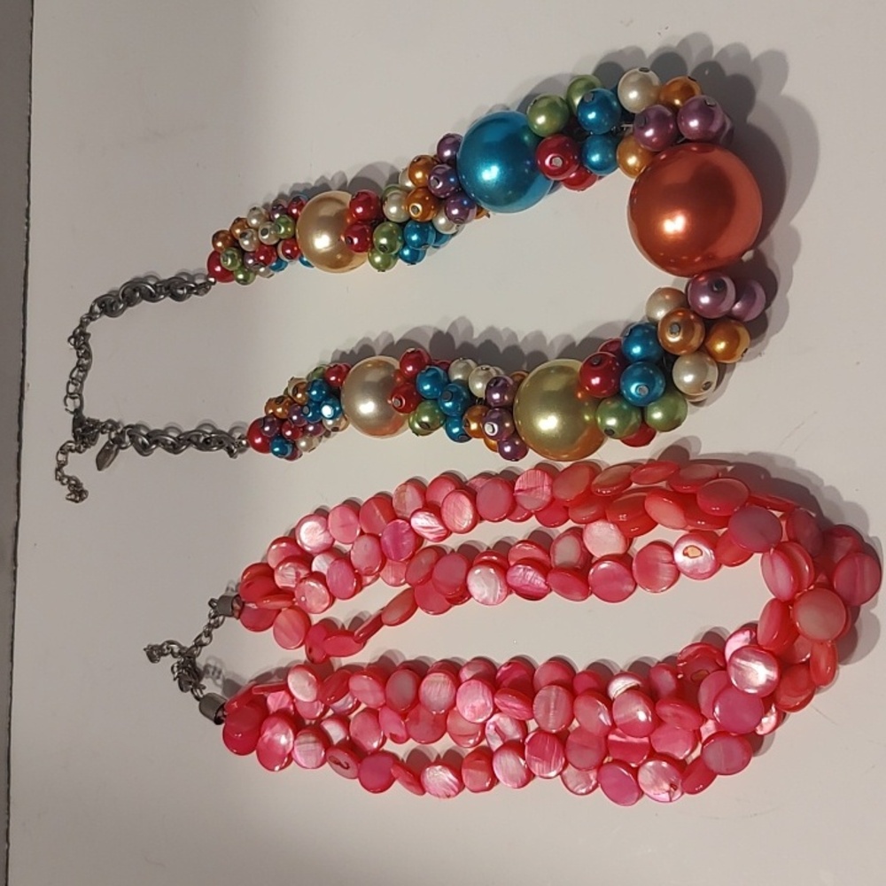 Fun rainbow bead statement necklace & Bright Pink Iridescent Layering Necklace